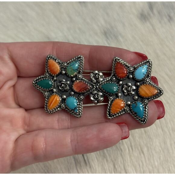 Silver Cloud Jewelry - Native American Silver Cloud Robert Vandover Spiny Turquoise Cluster Pendant Pin